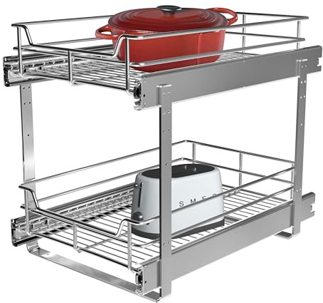 JOWBOOW 2 Tier Pull Out Cabinet Organizer (11 W x 22 D), Roll Out Shelves and Drawer for Kitchen Pantry Storage Basket, Heavy-Duty Metal Sliding Shelf