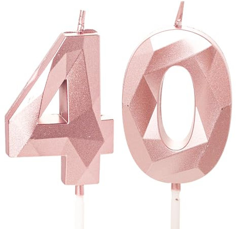 Candele per il 40° compleanno in oro rosa, adatte per candele per torta del 40° compleanno, decorazione per torta in oro rosa per donne e uomini