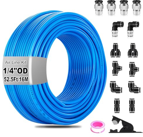 QITUO 1/4 Air line kit,1/4(6.35mm) OD x 52.5 Feet Blue Air Hose Tubing Fittings,15pcs Compressed Air Line Accessory Kit Push to Connect Fittings for Air Line