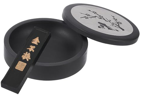 PATIKIL 4 Inch Chinese Calligraphy Inkstone with Ink Stick, Plum Blossom Ink Stone Tray for Traditional Calligraphy Practice Painting Drawing, Black