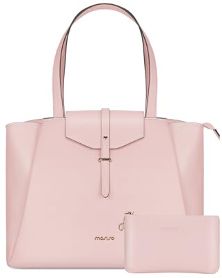 MOSISO Laptop tygväska för kvinnor, 15,6 tum PU-läder arbete laptopväska med klaffspänne och kopplingsväska, stor kapacitet dator axelväska handväska för vardag affärsresor, rosa