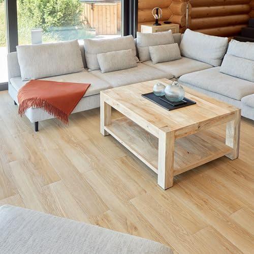 Self Adhesive Floor Planks - 30 Planks Pack Covering 44.88 Sqft / 4.17sqm | Each Stick On Tile Plank Measures 5.9x35.9in (91.4x15.2cm) | Peel And Stick Vinyl Flooring | Beige Wood Effect