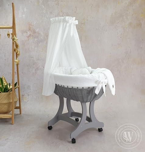 Moseskorb Emma grau mit Gestell, Matratze Baldachin und Bettwäsche Stubenwage, Bollerwagen| Leisen Rädern (Weiß)