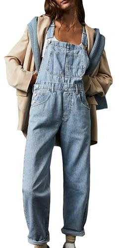 Damen Retro Denim Overalls Casual Straight Wide Leg Bib Jeans Verstellbare Träger Loose Fit Baggy Jumpsuit, A-light blue, M