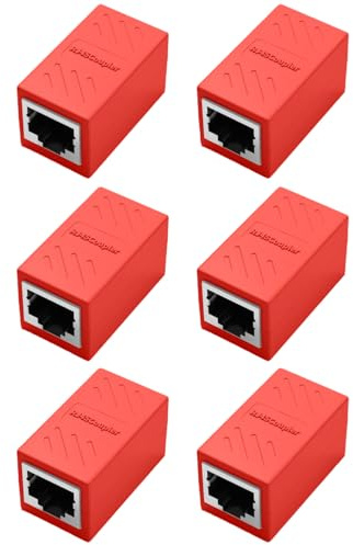 6-delars RJ45-koppling, 10 Gbps, RJ45-anslutning hona till hona, Ethernet-adapterkontakt, Cat7/Cat6/Cat5e/Cat5 nätverkskoppling, skärmade kontakter med hög hastighet, röd