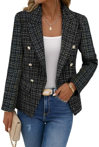 Mina Self 2025 Fall Women's Tweed Plaid Blazer Jacket - Fashion Slim Fully-Lined Double-Breasted Casual Work Coat (Pockets), 2-plaid Black, L