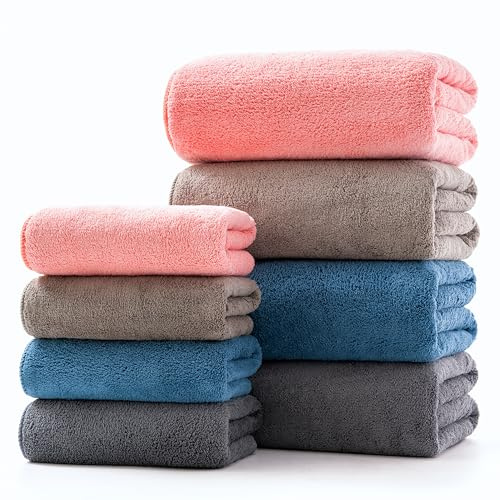 8-Piece Soft Microfiber Towel Set (4 Bath Towels 4 Hand Towels) Multicolour | Incredibly Absorbent Lightweight Quick Dry and Durable
