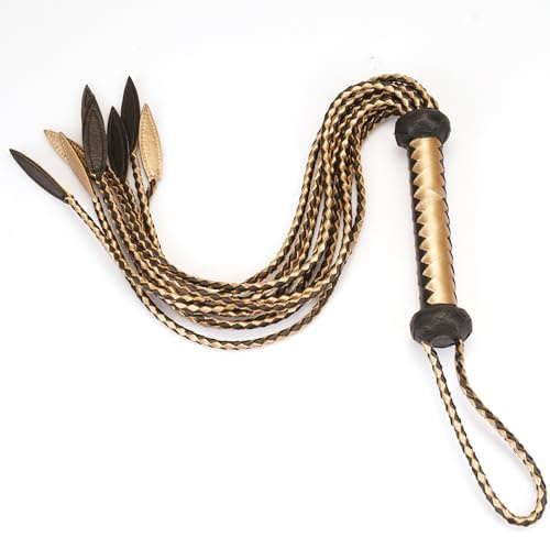 Látigo de piel auténtica de Cat-O'-Nine-Tails | Mango de 23 cm y cola de 59 cm, hecho a mano, equipo de caballos de primera calidad, látigo de equitación (dorado negro nueve colas)