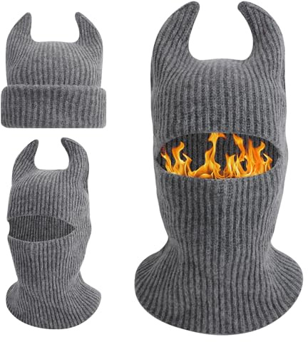 TAGVO Passamontagna Lavorato a Maglia Termico Invernale, Multifunzionale Maschera da Sci da Moto da Bicicletta con Scaldacollo, Cappello con Corna del Diavolo Berretto per Halloween Cosplay