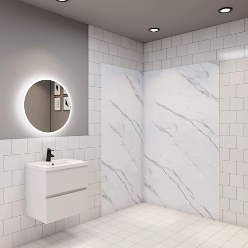 Pack de 2 Panneaux muraux de douche blanc effet marbre 120x80x H.210cm avec 3 profilés Panneau mural salle de bain - Aluminium