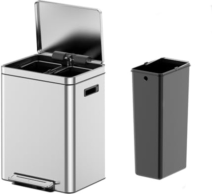 Garvee Dual Compartment Trash Can with 2 Removable Buckets, Brushed Stainless Steel Recycling Bin with Soft-Close Lid & Foot Pedal, Rectangular Kitchen Garbage Can for Waste Separation
