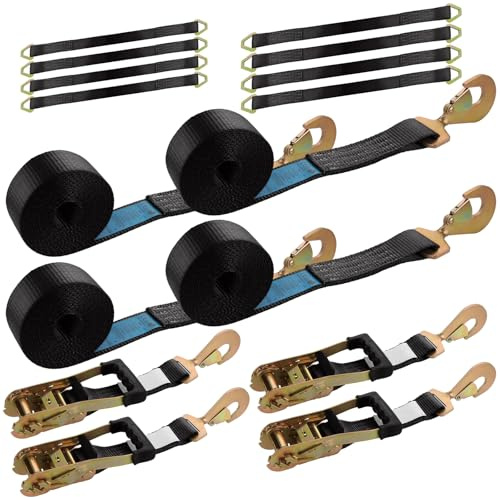YAYODS 4 Pack Car Tie Down Straps for Trailers 2'' x10' Ratchet Strap with Snap Hooks, 10000 LBS Break Strength, Heavy Duty Trailer Strap 24'' and 36'' Axle Straps, for Car, Truck, UTV（Black）