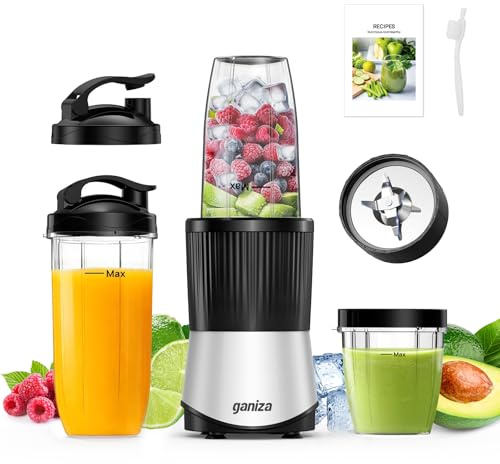 Ganiza Smoothie Maker, Mini Standmixer da 900W, Mixer con 25.000 giri/min, 3 Bicchieri Tritan da Asporto (300ml & 500ml & 700ml), 4 Lame Asimmetriche, per Ogni Tipo di Frullato e Smoothie, Argento