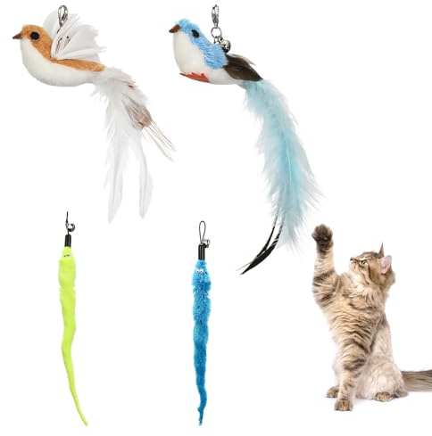 AiQInu 4 Pièces Jouet interactif pour Chat Oiseau avec Plumes, Canne à pêche pour Chat Plumes de Rechange Jouet pour Chat