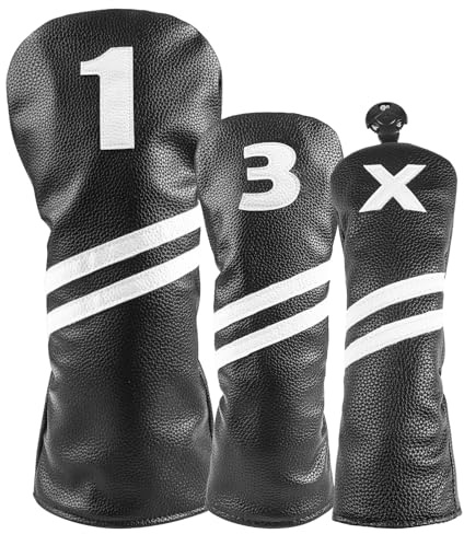 FINGER TEN Golf Club Head Covers Wood 1 3 or 4 Pcs for Driver Fairway Hybrid, PU Leather Covers with Printed Number & Elastic Band Snug Fit Most Clubs for Men Women (Black-3 Head Covers(1,3,X))