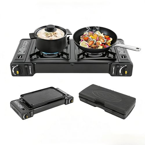 awolsrgiop Réchaud à Gaz de Camping 2 Feux, Portable avec Plaque de Cuisson et Mallette de Transport,Plaque de Cuisson à Gaz GPL, Puissance Réglable, pour Pique-nique, Randonnée et Barbecue