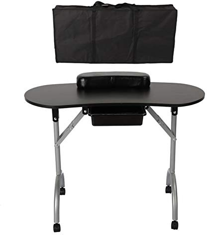 YYALYYON Professionellt bärbart manikyrbord med hjul, låda, handkudde, för nagelkonst, vikbar design, hög densitet, järnben