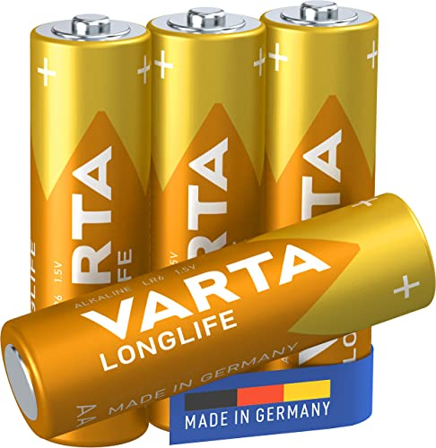 VARTA Longlife Batterie AA Mignon LR06 (pacco da 4) Batteria alcaline – Made in Germany – ideali per telecomandi, radio, sveglie e orologi