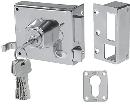 Amig - Cerradura de Sobreponer de Derecha con Palanca de Cierre, Lengüeta y Tirador para Puertas de Madera Mod. 73, 100 x 85 mm, Pestillo Con Cilindro Europerfil, Acero Plateado