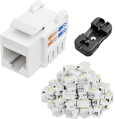 iwillink 10Gbps Cat6 Keystone Jack and Punch-Down Stand, 50-Pack, RJ45 Ethernet Keystone Jacks, 90-Degree UTP Modular Punch Down Keystone Jack Adapter, White