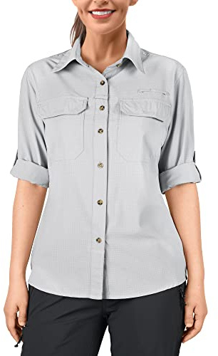 33,000ft Camisa para mujer UPF50+ con protección UV, de secado rápido, para tiempo libre, manga larga, para senderismo, pesca, safari, viajes, golf, gris plateado, S