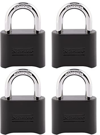 Master Lock Black Combination Lock, Customizable Combo Padlock, Indoor and Outdoor Weather Resistant Lock with Resettable Code for Gates, Lockers, 4 Pack, 178EC4