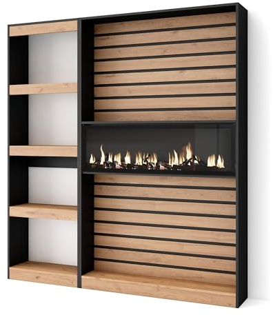 Skraut Home | Bücherregal Bibliothek | Bookshelf, Bookcase | 170x186x25cm | Wohnzimmer, Esszimmer, Büro | Elektrokamin. Maße | Moderner Stil | Weiß und Schwarz