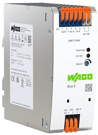 WAGO ECO2 Compact Power Supply, 1-Phase, 24VDC, DIN-rail, 10A (Pack of 1)