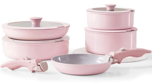 Vkoocy Pink Non Stick Pot and Pan Sets with Removable Handle, Ceramic Cookware Set Detachable Handle, Induction Kitchen Camping Stackable Pots Pans, Dishwasher/Oven Safe, PTFE/PFOA/PFOS Free