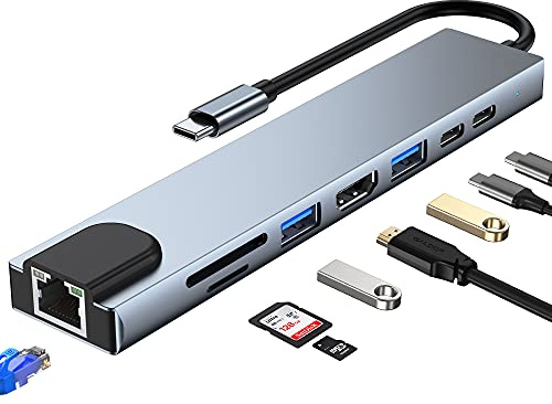 KUTEWEU USB C 5 Gbps USB 3.0 Ethernet-adapter, 4K @ 30 Hz HDMI, USB-A, /-C, 100W PD, TF/SD, 8-i-1 USB-dockningsstation för telefon, bärbar MacBook/Pad/Steam Deck/Samsung och Windows/Mac (8 in 1 HUB)