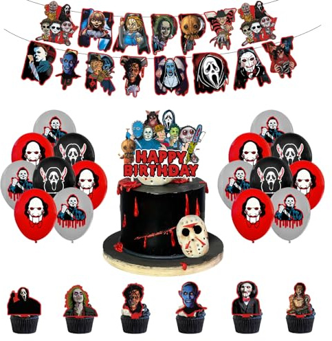 Deco Anniversaire Tueur Décoration d'Anniversaire Film d'Horreur Anniversaire Fete Film Horreur Ballons de Fête Tueur Décoration Gateau Horreur Ballon d'Anniversaire Killer Bannière Anniversaire
