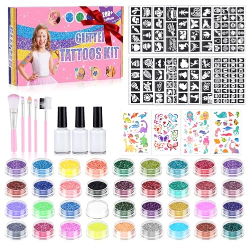 Set de tatouages ​​à paillettes pour enfants, set de tatouages ​​à paillettes pour filles - 36 couleurs, 220 pochoirs de tatouage comprenant, 3 colles et 5 pinceaux, set de tatouages ​​à paillettes po