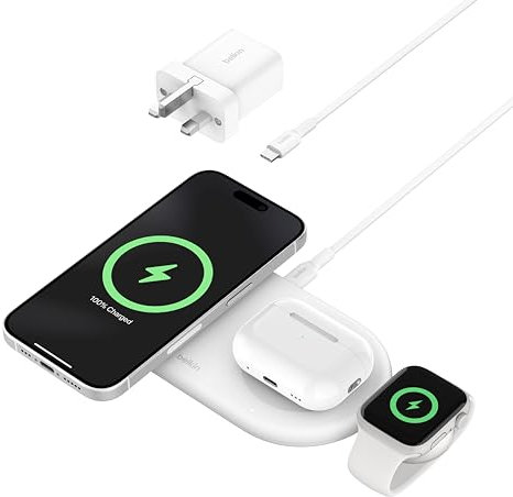 Belkin BoostCharge Pro 3-in-1 Wireless Charging Pad with Magnetic Qi2 15W, Fast Charging iPhone Wireless Charger Compatible with iPhone 16 Series, AirPods, Apple Watch & More - White