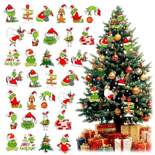 YONEEKSS 32 Pcs Christmas Decorations for Grinch, Xmas Tree Decorations Paper Cutouts Ornament Grinch Pendants for Hanging on Christmas Tree, Winter Holiday Party Decor Supplies