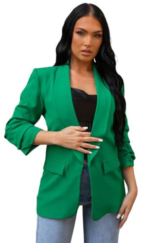 Divadames Womens Blazer Open Front Casual Cardigan Ruched Sleeve Work Office Blazer Jacket with Pockets (UK, Numeric, 12, Regular, Regular, Green)