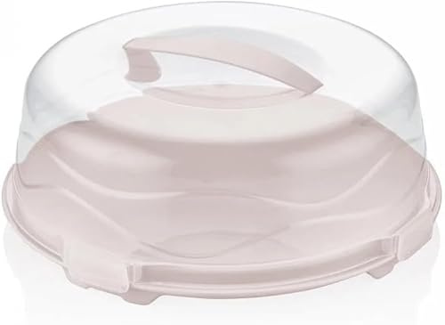 Best House | Plastic Cake Box | Round | PINK | Reusable Clear Cake Cover with Lid Carry Handle | Transport Storage Food Container Takeaway Holder, Cake Stand with Lids - 33 x 11.5 cm (Pack of 1)