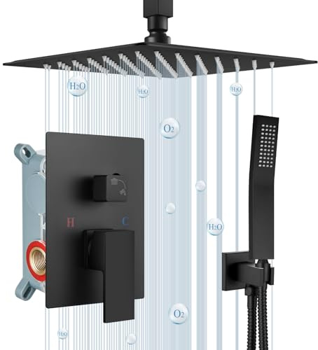 de Ducha Cabezal de Ducha Cuadrado de 10 Pulgadas, Grifo Negro Mate, empotrable, baño de Lujo, Montaje en Techo, SUS304, Juego de Mezclador de Lluvia de Mano de latón Ultra