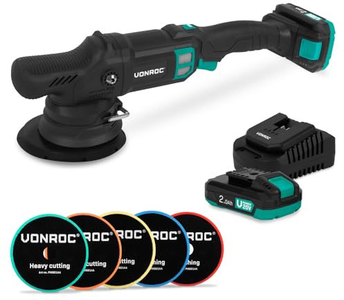 VONROC PRO Polisseuse à double action 20 V - Ø 150 mm - Moteur sans balais -7 vitesses (2000-5000/min) - Kit comprenant 2 batteries 2,0 Ah, un chargeur rapide, un plateau d'appui et 5 tampons