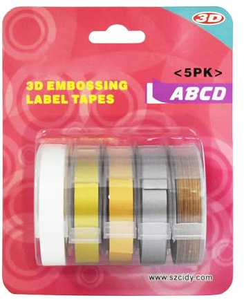 Ausla 5-pack Etikettmaskinrefill, PVC 9 Mm Präglingstejp för 3D-etikettmaskin, 5 Färgrullar 300 Cm Vardera, Självhäftande Easy Peel-etiketter för Hemmakontorskola, för 12813 12814 1610 (Combo B)