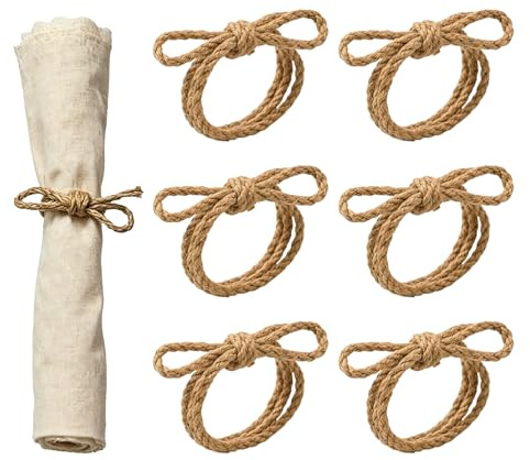 6 st servettringar med rosett – Handgjorda rustika hållare i jutesnöre, naturlig minimalistisk design, bröllop, fester, lantligt & Thanksgiving-bordsdekor
