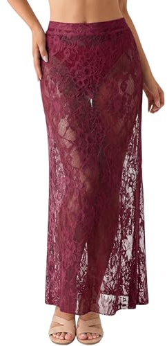 Aunribor Femme Jupe Longue en Dentelle Transparente Jupe Maxi Décontractée | Élégante Broderies Florales Jupe Taille Haute Élastiquée Doux Polyvalent Loisirs Été Vacances Fête Soirée sans Doublure