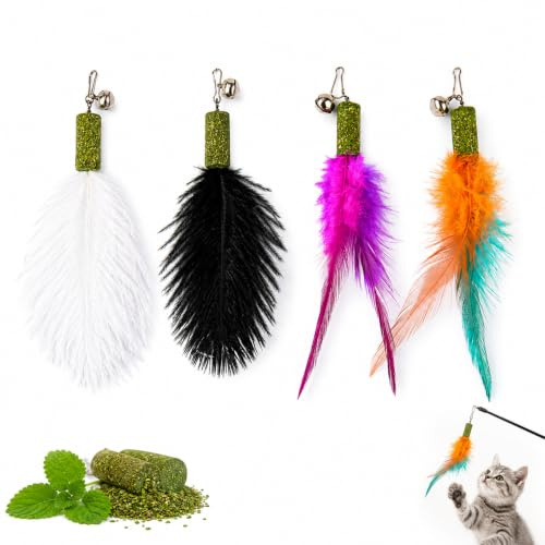 ARYIMYDP 4 Recambios Plumas Juguete Gato con Catnip, Colgantes Pluma Coloridos para caña Gato, Cabezales Repuesto Juego Interactivo, Juego Interior, Plumas Gato, Accesorio Gato, Actividad, Set Diario