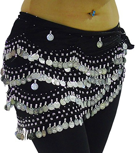 Belly Dance Hip Belt Scarves Dancing Costume Coin Hip Scarves Belts FITS to 4XL PLUS SIZE (XL to 4XL PLUS SIZE UK 18-22/24, BLACK SILVER)