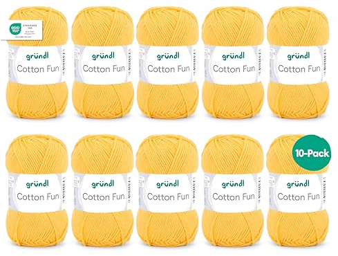 Gründl Wolle Cotton Fun - Wolle zum Häkeln - Strickgarn - Häkelgarn - Pflegeleicht und hautfreundlich - 100% Baumwolle - 10 Knäuel 50 g / 115 m - Nadelstärke 3-4 - Mais