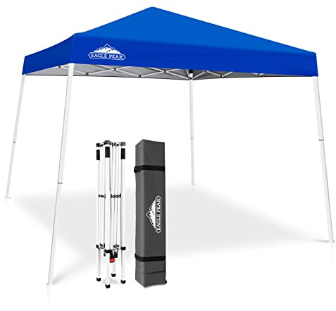 EAGLE PEAK 10x10 Slant Leg Pop-up Canopy Tent Easy One Person Setup Instant Outdoor Beach Canopy Folding Portable Sports Shelter 10x10 Base 8x8 Top (Blue)