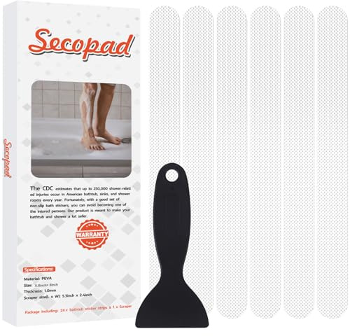 Secopad - 24 adesivi antiscivolo per doccia e vasca da bagno; strisce adesive di sicurezza con raschietto di alta qualità (Bianco)