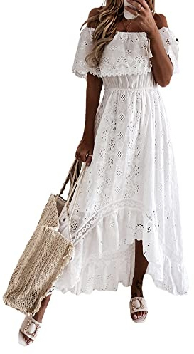 Achlibe Women Off Shoulder Dress Casual Short Sleeve Lace Ruffle Maxi Dress Elegant Evening Dress Summer Beach Dress (A-White, M)