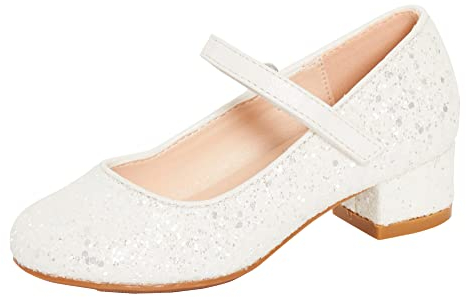 Girls Faux Leather Low Block Heel Party Shoes Ivory Glitter 13 UK Child