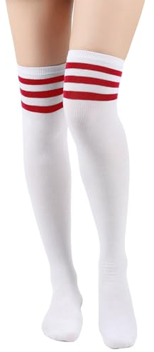 Miklettie Kniestrümpfe Damen mit Streifen Overknees Hohe Socken Mädchen Cospaly Strümpfe weiß mit Streifen Rote