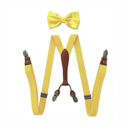 BaronHong Hosenträger-Fliegen-Set für Damen und Herren, 2,5 cm breit, Y-Form mit 4 Clips, verstellbare Hosenträger für formelle Hochzeiten (Gelb, M)